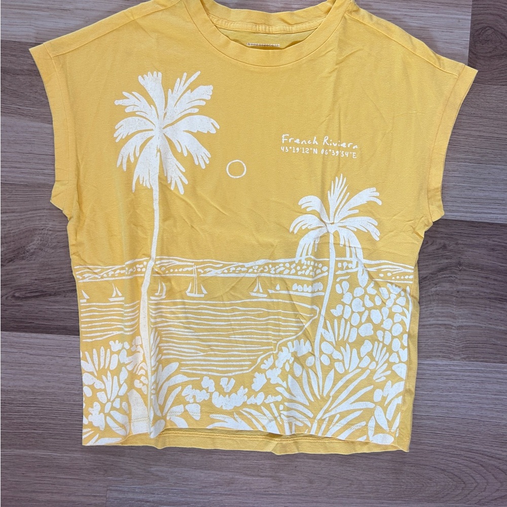 Anthropologie Yellow Palm-Graphic Short Sleeve Tee